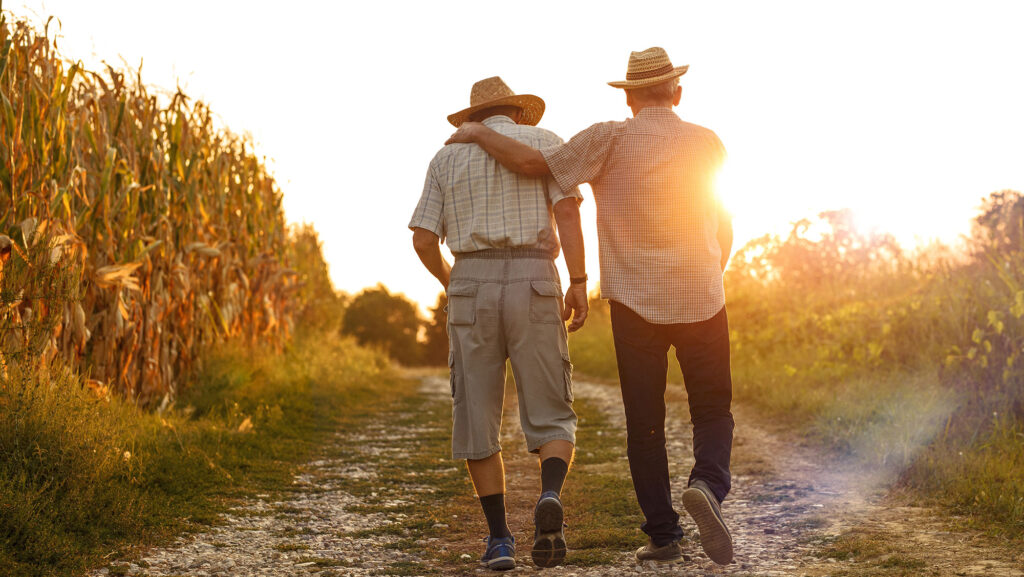 Two older men walk down a country road together.