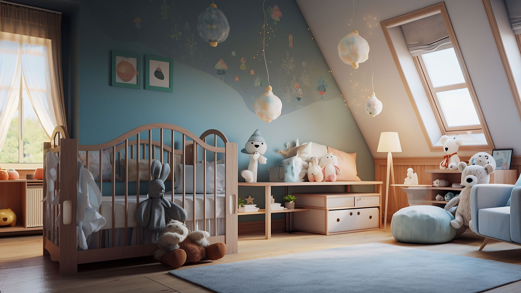 The interior of a nursery with a crib and other baby supplies.