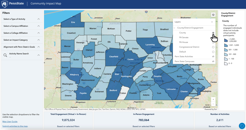 Screenshot of the Penn State Community Impact Map, showing the county lines.