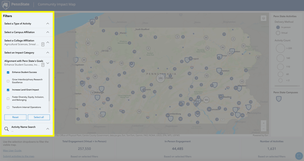 Screenshot of the Penn State Community Impact maps showing the filters on the left side. Filters include activity, campus affiliation, college affiliation, impact category, and alignment to Penn State goals.