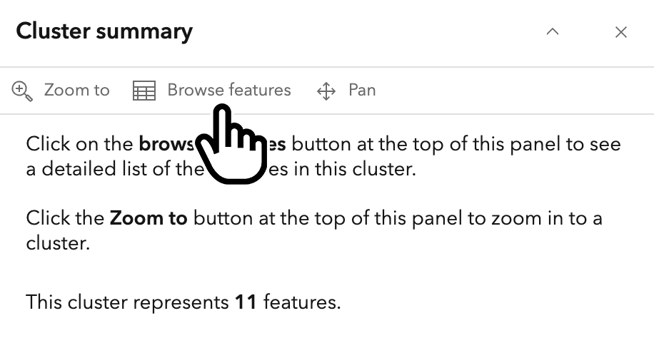 Screenshot of the cluster summary, summarizing how many activities are within a selected location.