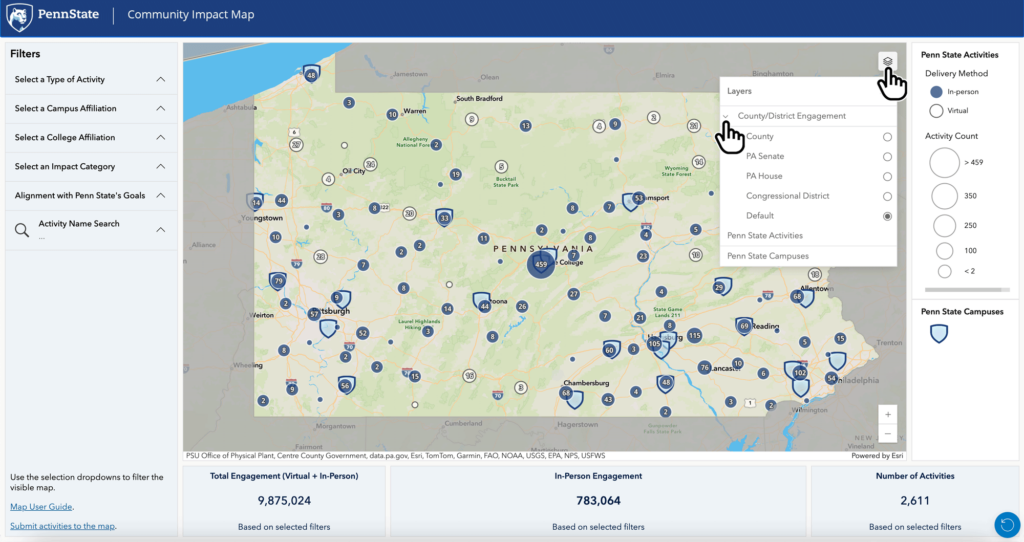 Screenshot of the Penn State Community Impact Map, showing the layers expanded in the top right corner.