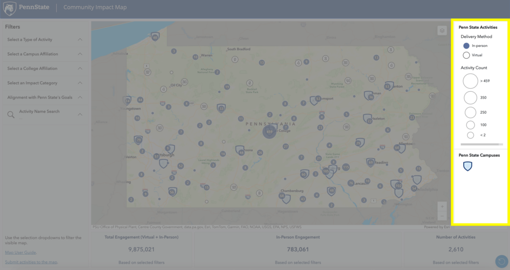 Screenshot of the Penn State Community Impact Map, showing the legend expanded in the top right corner.