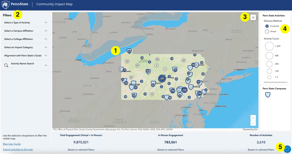 Screenshot of the Penn State Community Impact maps showing: 1. the maps of Pennsylvania, 2. filters on the left side, 3. icons to open the legend in layers in the top right, and 4. a reset button in the lower right corner.