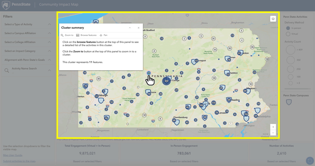 Screenshot of the Penn State Community Impact Map of Pennsylvania, displaying icons showing where to click on a location icon and the resulting pop-up box.