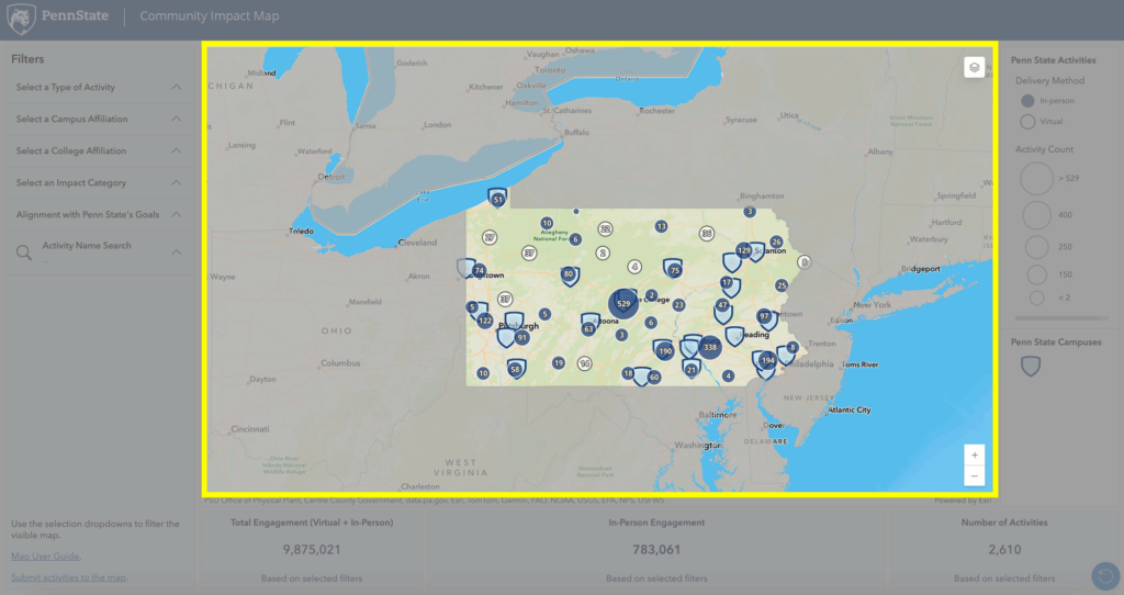 Screenshot of the Penn State Community Impact Map of Pennsylvania, displaying icons showing the location of activities across the state.