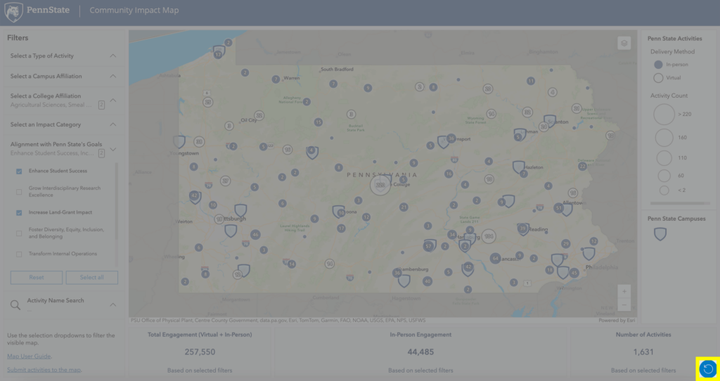 Screenshot of the Penn State Community Impact Map, showing the reset button in the lower right corner.