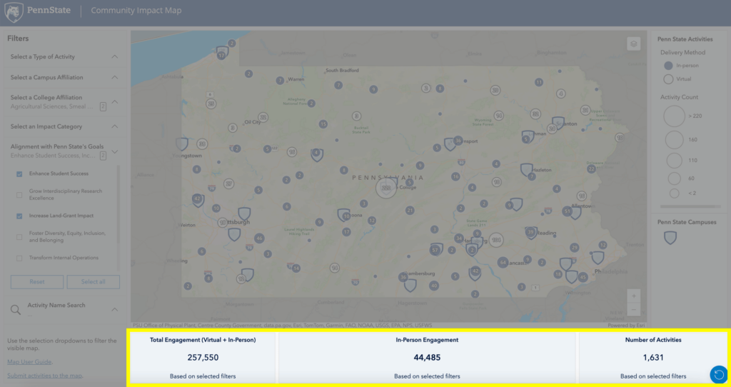 Screenshot of the Penn State Community Impact maps showing the total number of individuals engaged and total activities, based on filters, at the bottom of the map.